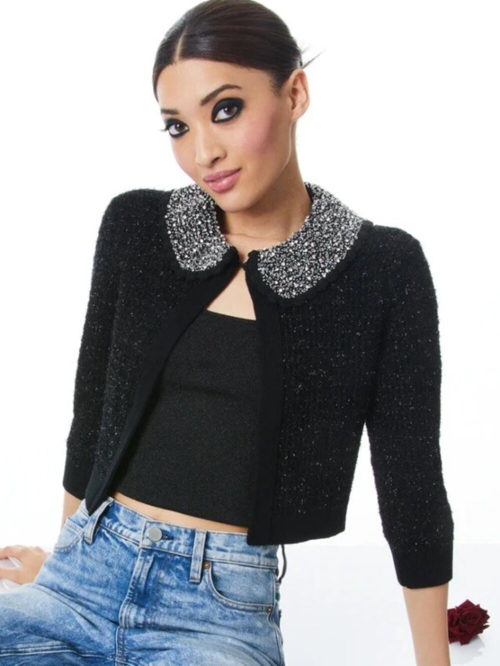 Alice + Olivia Akira Embellished Collar Black Cardigan sweater
